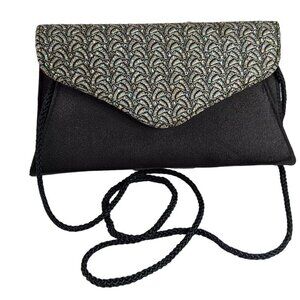 Vintage Black Evening Bag Silver Trim Clutch Iridescent Rhinestones Rope Strap